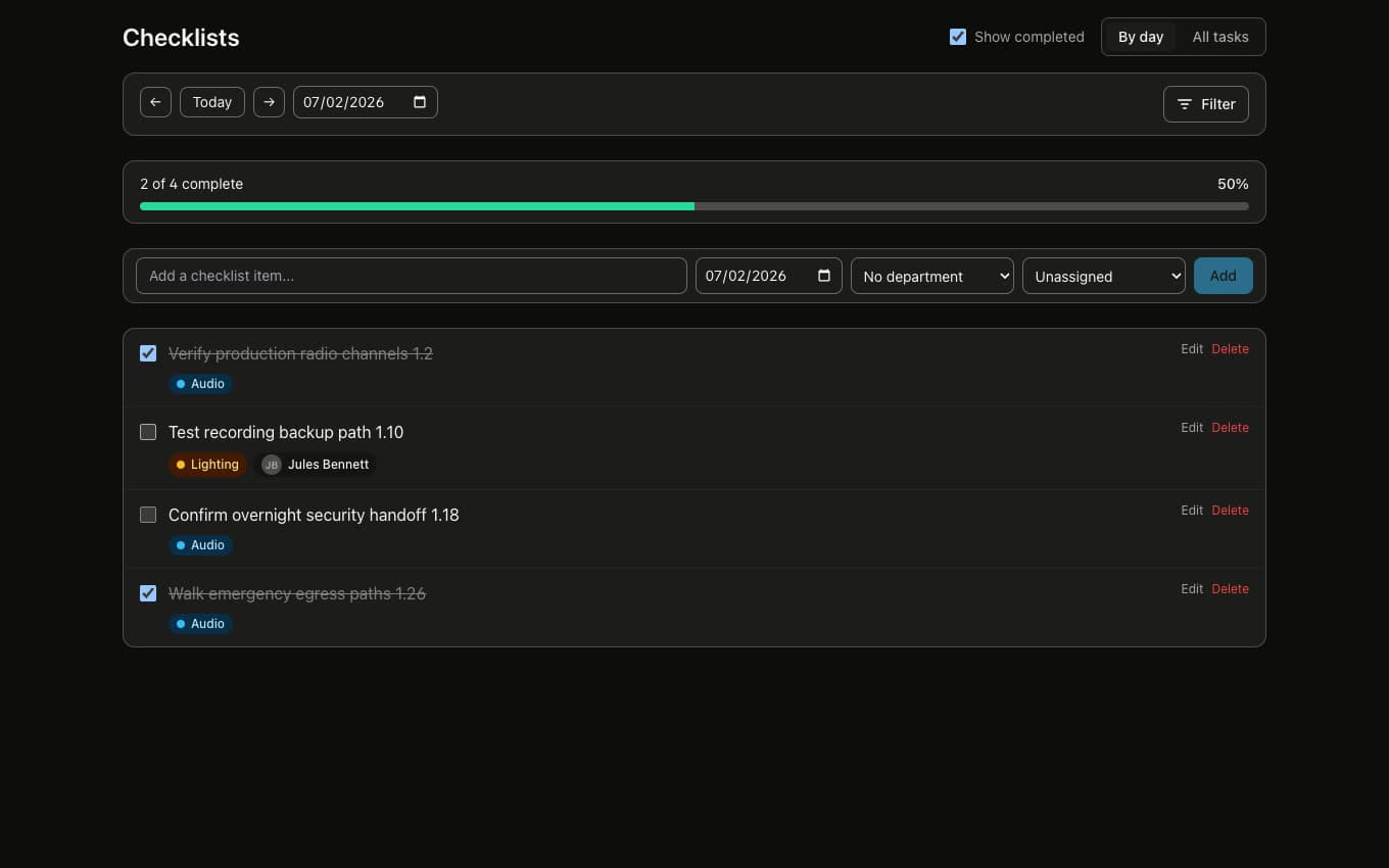 ShowBook HQ per day checklist with progress