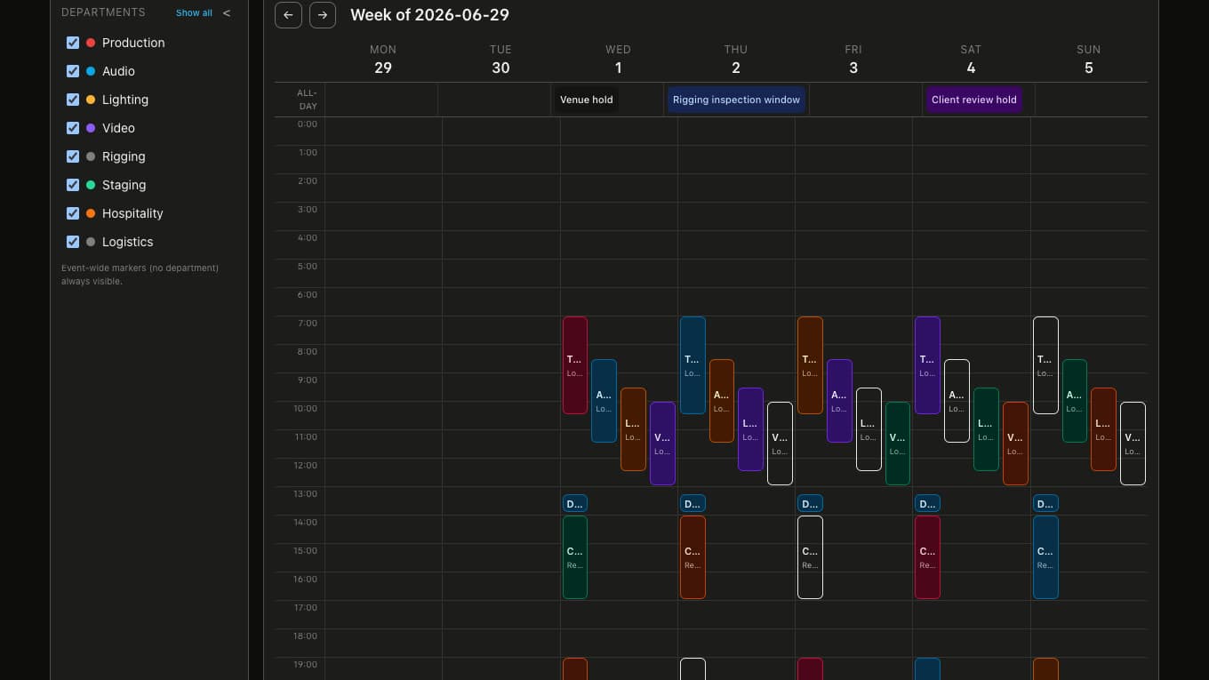 A production week in ShowBook HQ with color coded department lanes, venue holds, and the whole week of work in venue time.