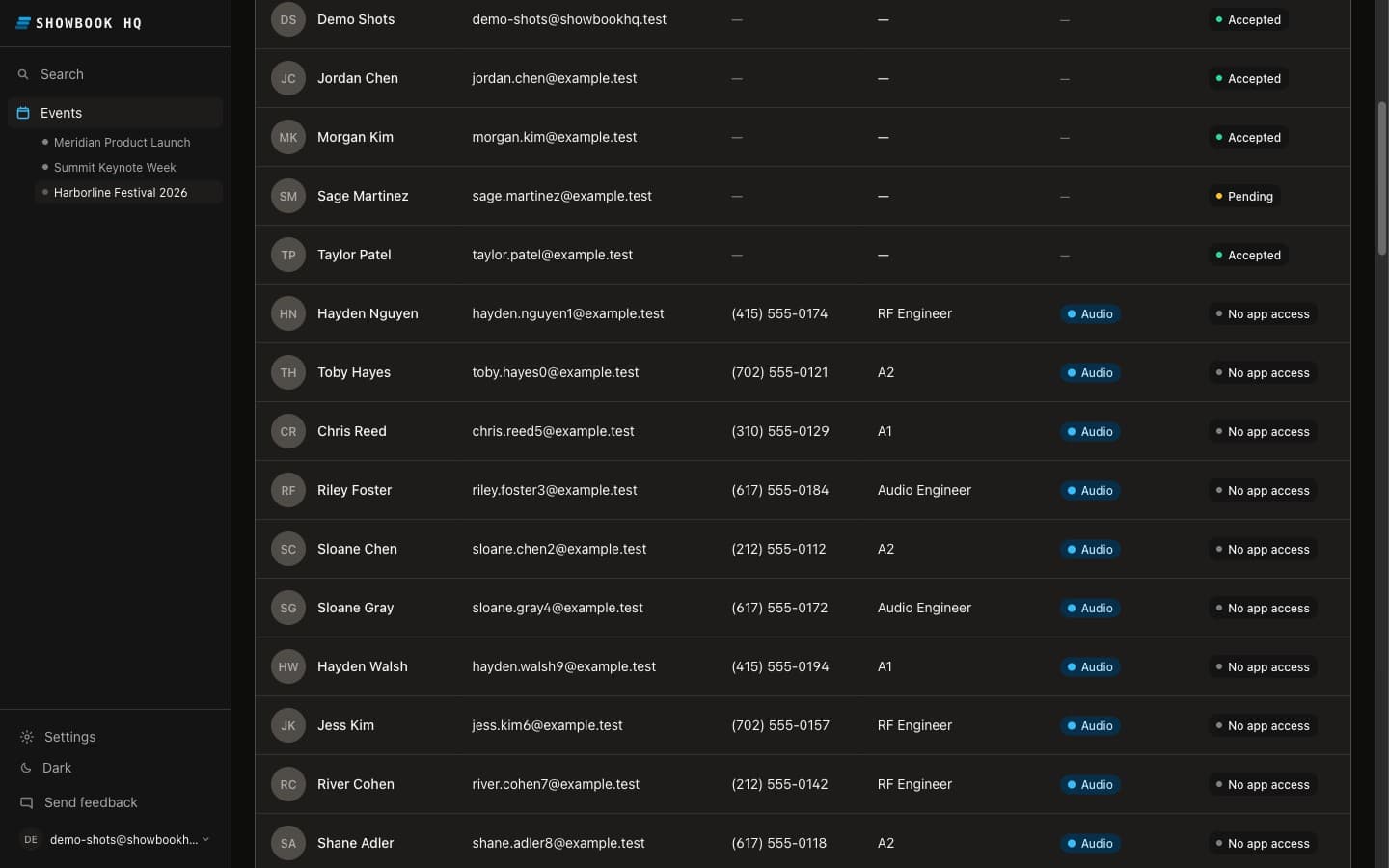 ShowBook HQ team roster: the whole crew with positions, phone numbers, and department tags, searchable by name, position, or department.